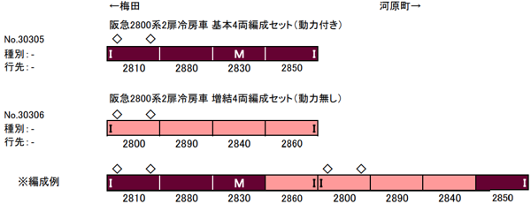 阪急2800系2扉冷房車 増結4両編成セット(動力無し)